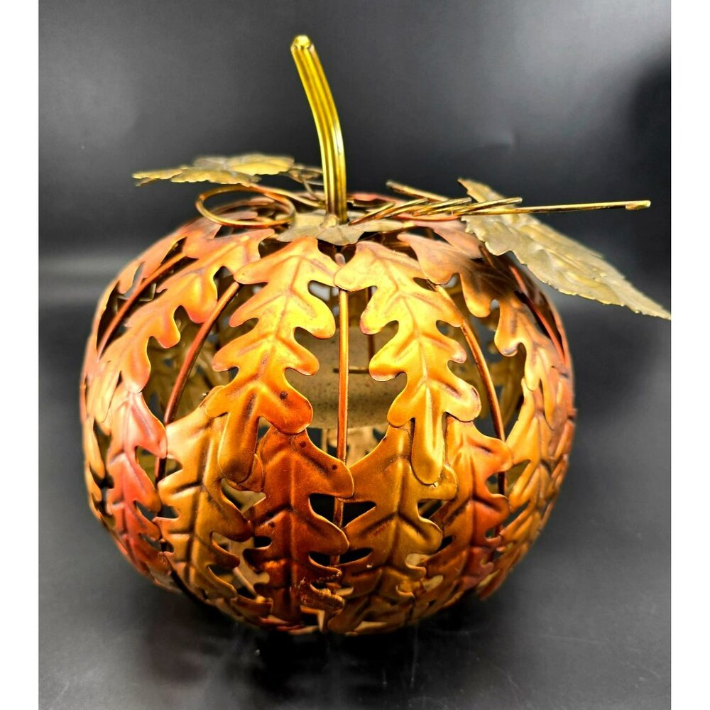 Metal Pumpkin Candle Holder With Leaf Design Autumn Decor Brown & Gold VL1802 - Picture 4 of 6